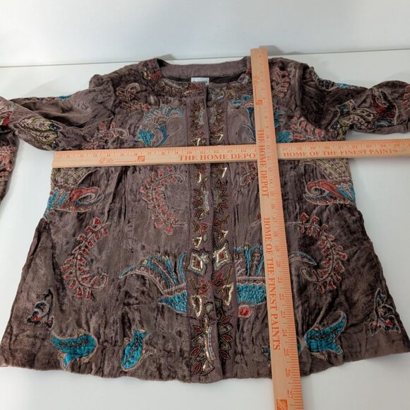 Chicos 2 Velvet Floral Jacket Womens Size Large Brown Beaded Embellished Boho - Picture 11 of 13